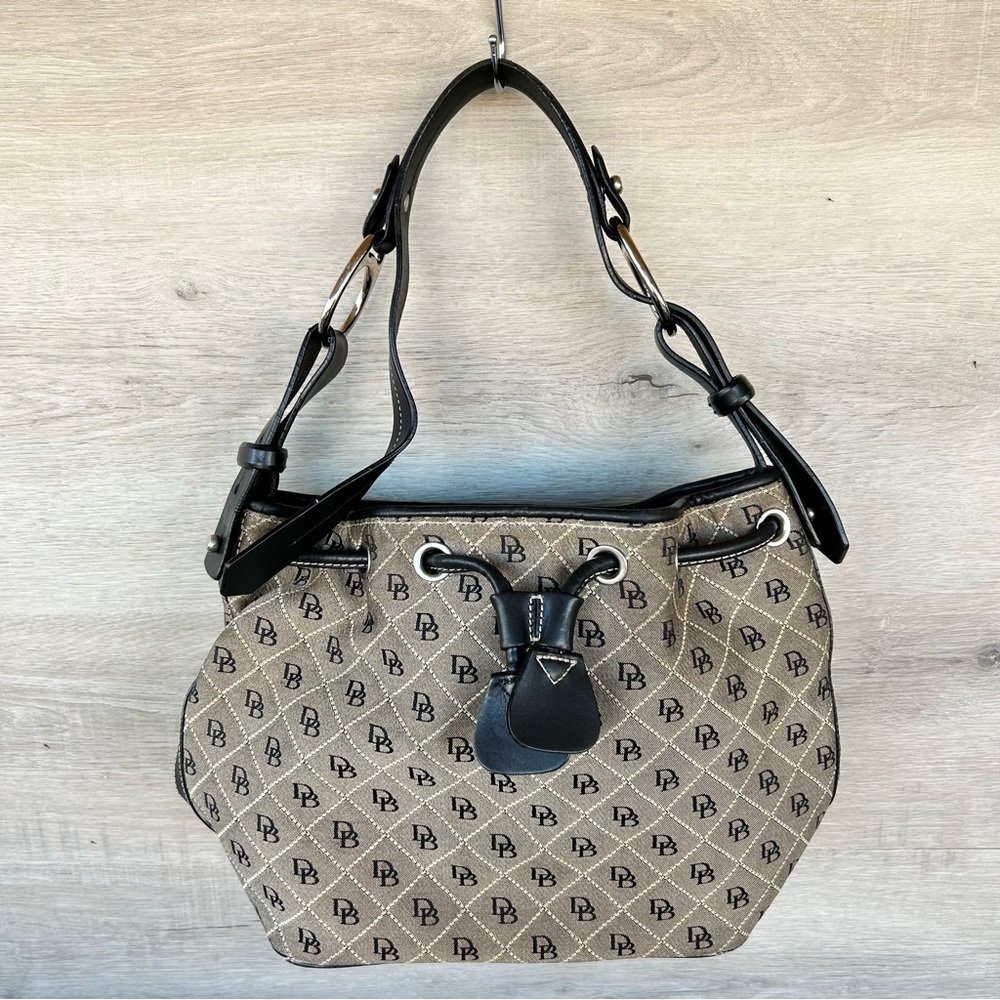 DOONEY BOURKE Drawstring Bucket Shoulder Bag Canvas & Black Leather Trim